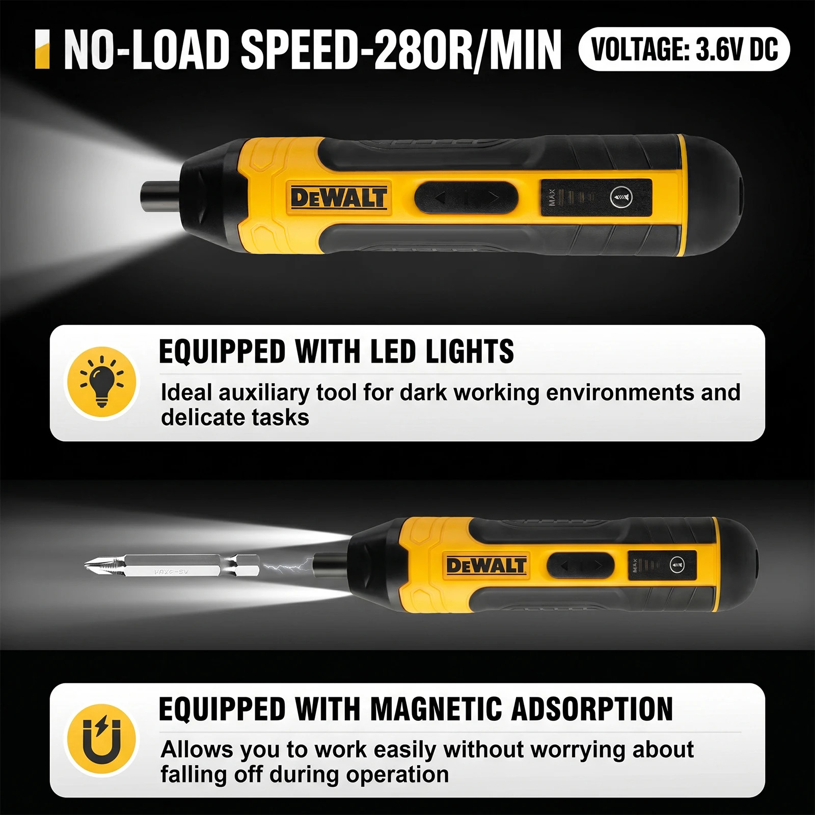 DEWALT 3.6V Cordless Electric Screwdriver 5N.m 1/4″ Hex Chuck 1300mAh Li-ion Bat
