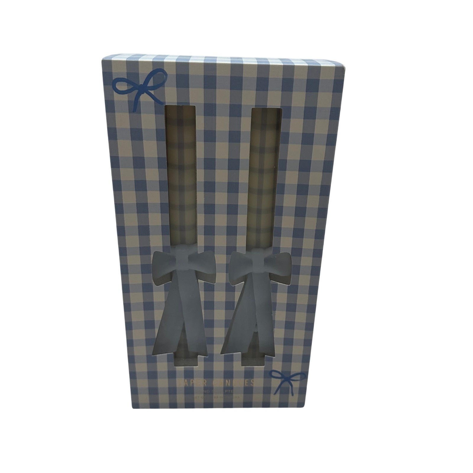 Anthropologie Blue Gingham Hand Sculpted Bow Taper Candles Set of 2 9.8in NEW