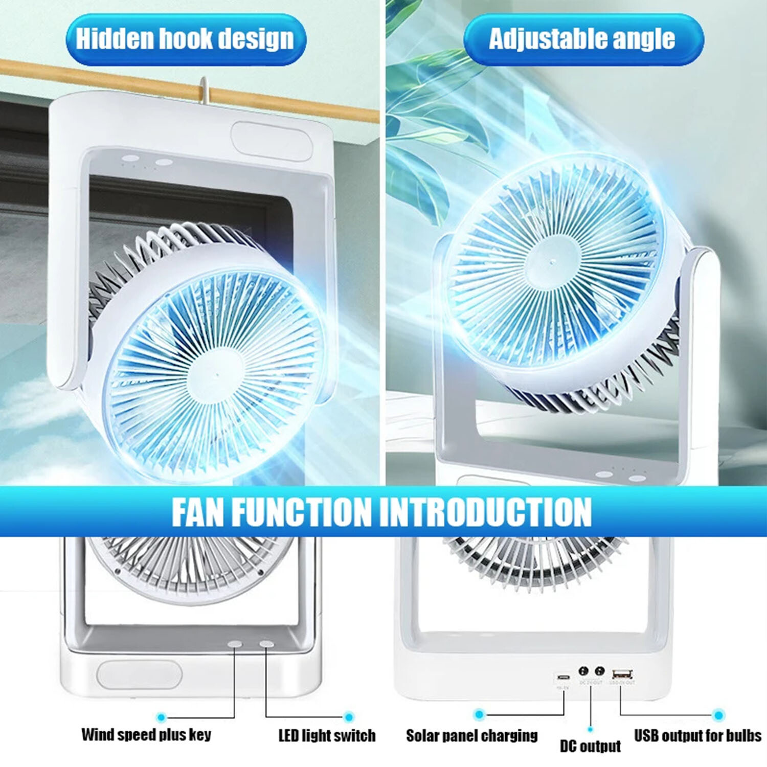 2pack Rechargeable Solar Fan Set w/ Solar Panel 3 Speeds LED light 4 Free Bulbs