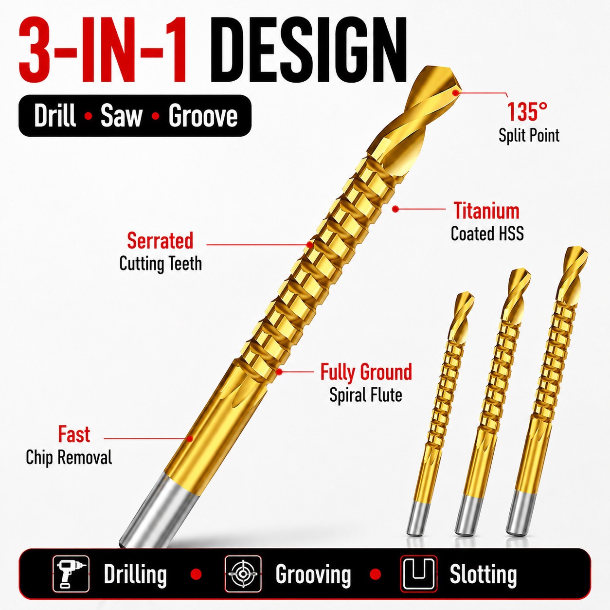 6PCS Titanium Drill Bit Tool Set,3-8mm Twist Drill,For Wood Metal Grooving