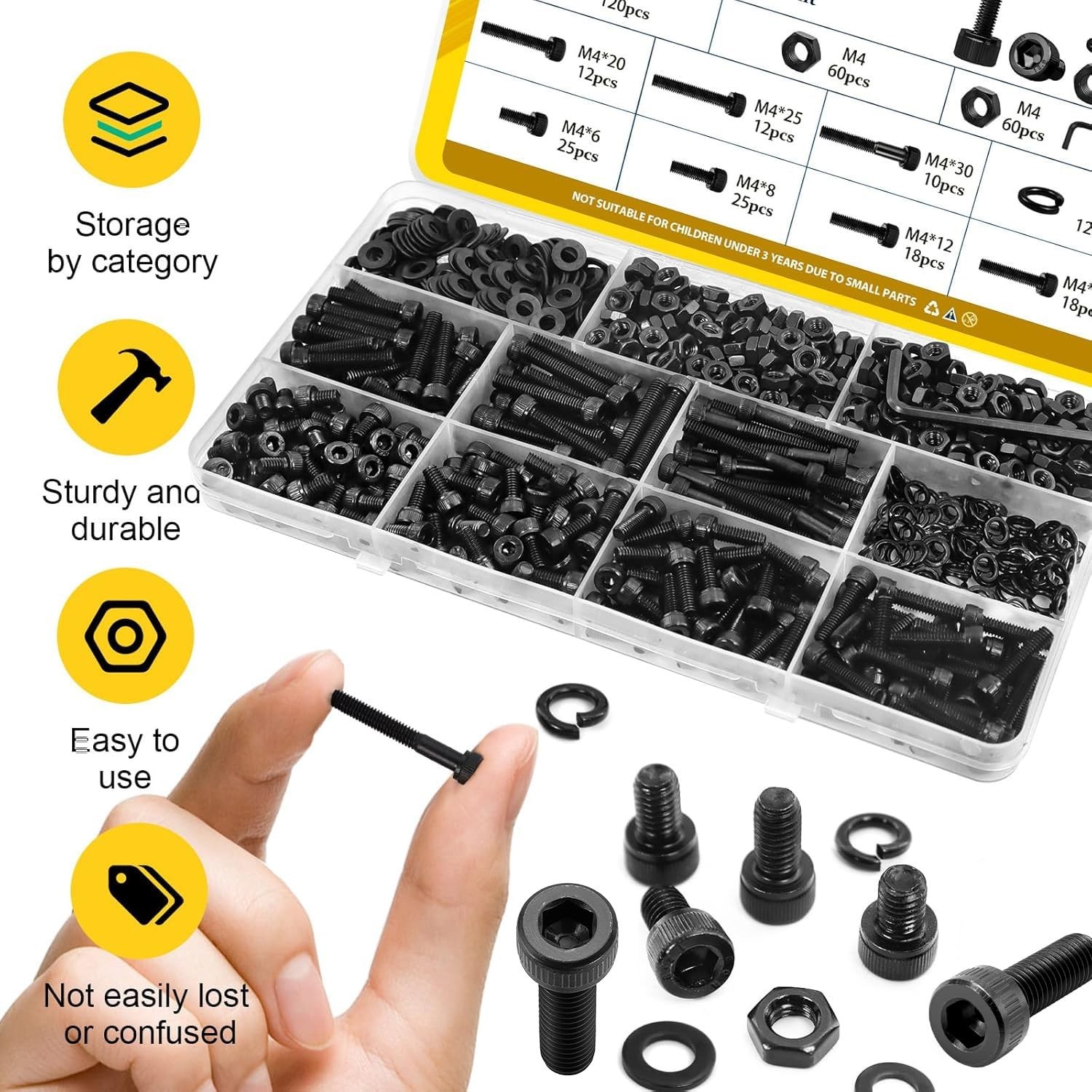 Fgruh 480PCS M4 Screws Assortment Kit, M4x6/8/12/16/20/30 mm 480pcs, Black