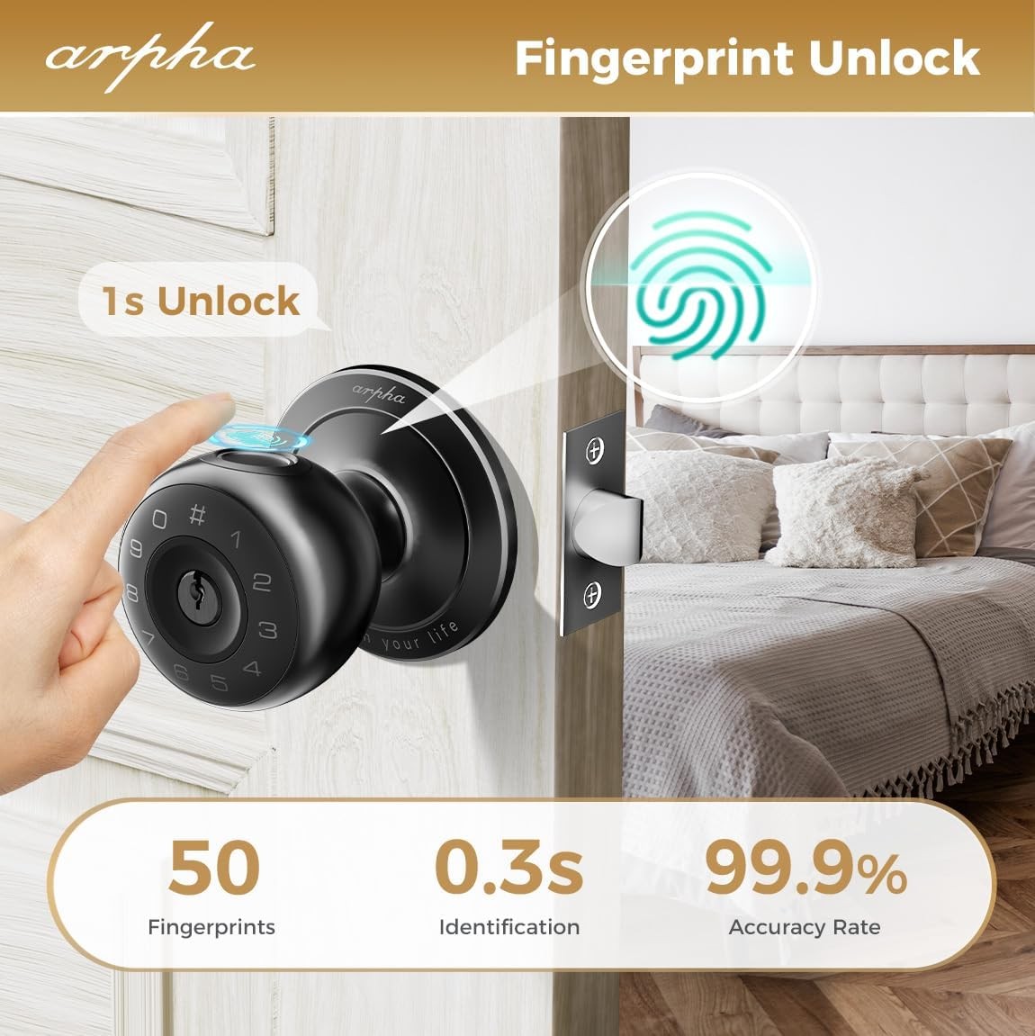 ARPHA Keyless Smart Door Knob Fingerprint Entry Auto Lock Handle D258 Door Lock