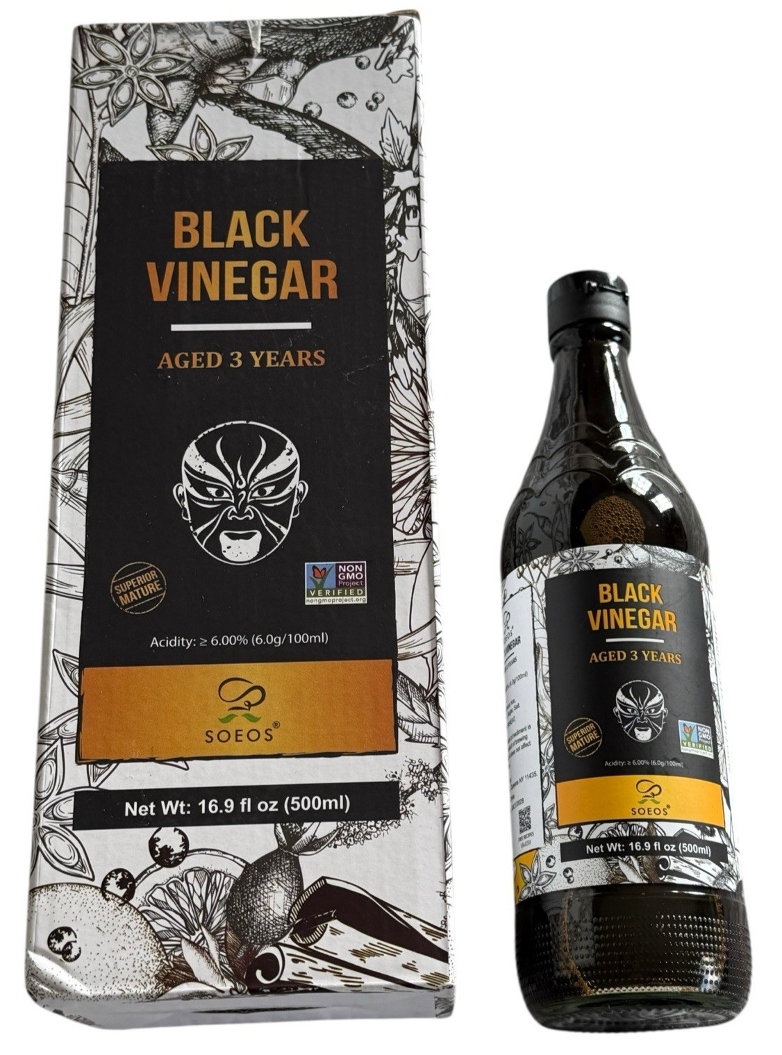Black Vinegar – 500mL Bottle in Soeos Box – Aged 3 Years, Non-GMO – Ex: 7/28