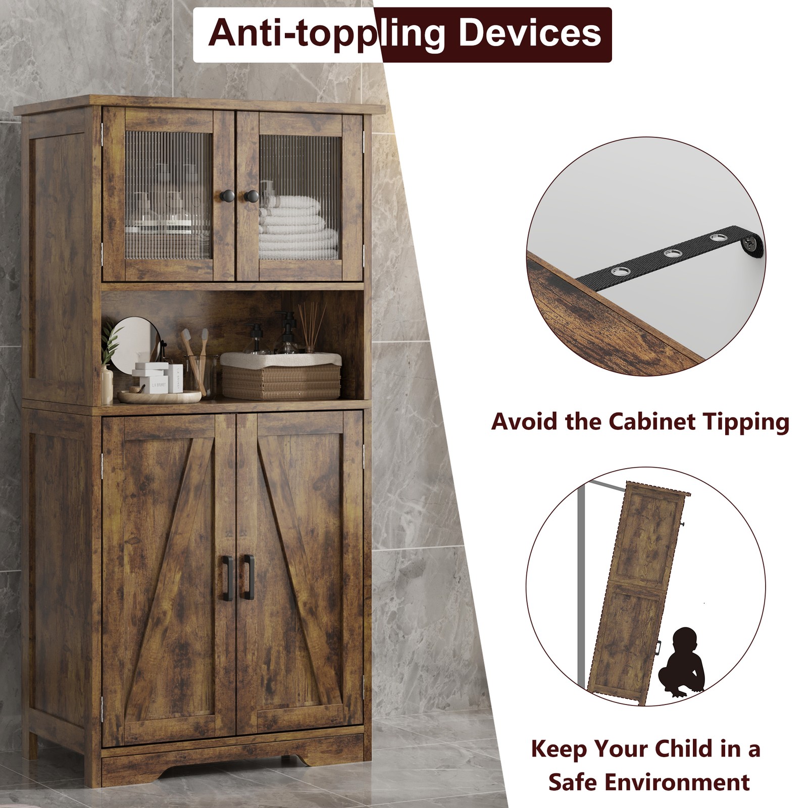 Storage Cabinet with Glass Doors & Adjustable Shelves, Kitchen Pantry Cabinet