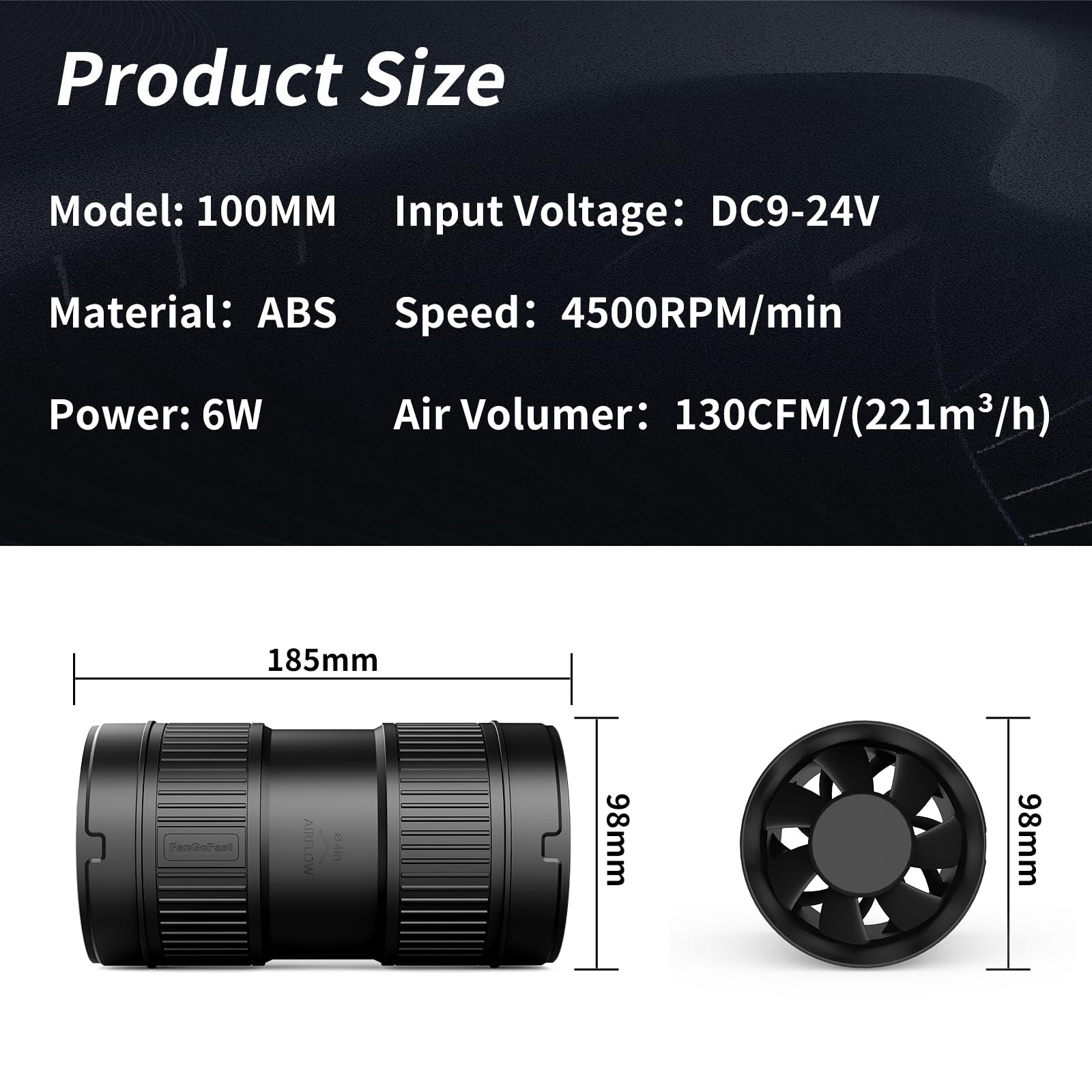 4 Inch Inline Duct Fan 130CFM Airflow Stepless Speed Control Low Noise