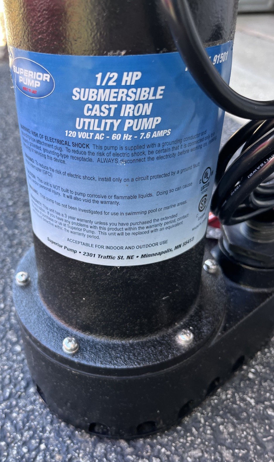 Superior 1/2 HP Submersible Cast Iron Utility Pump 91501 with FREE SHIPPING!