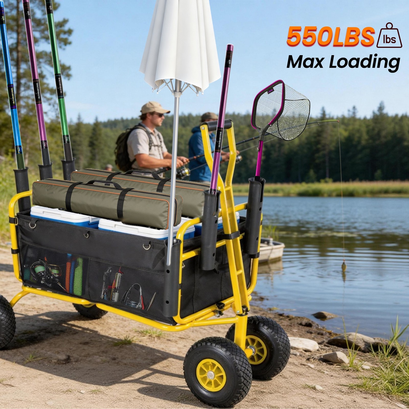 550lb Large Capacity Fishing Collapsible Wagon w/ All-Terrain Wheels&Rod Holder