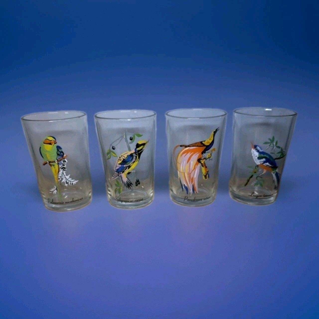 VINTAGE Crystal Emporium Bird Glasses Set 4 Tumblers Exotic Birds KIG Malaysia