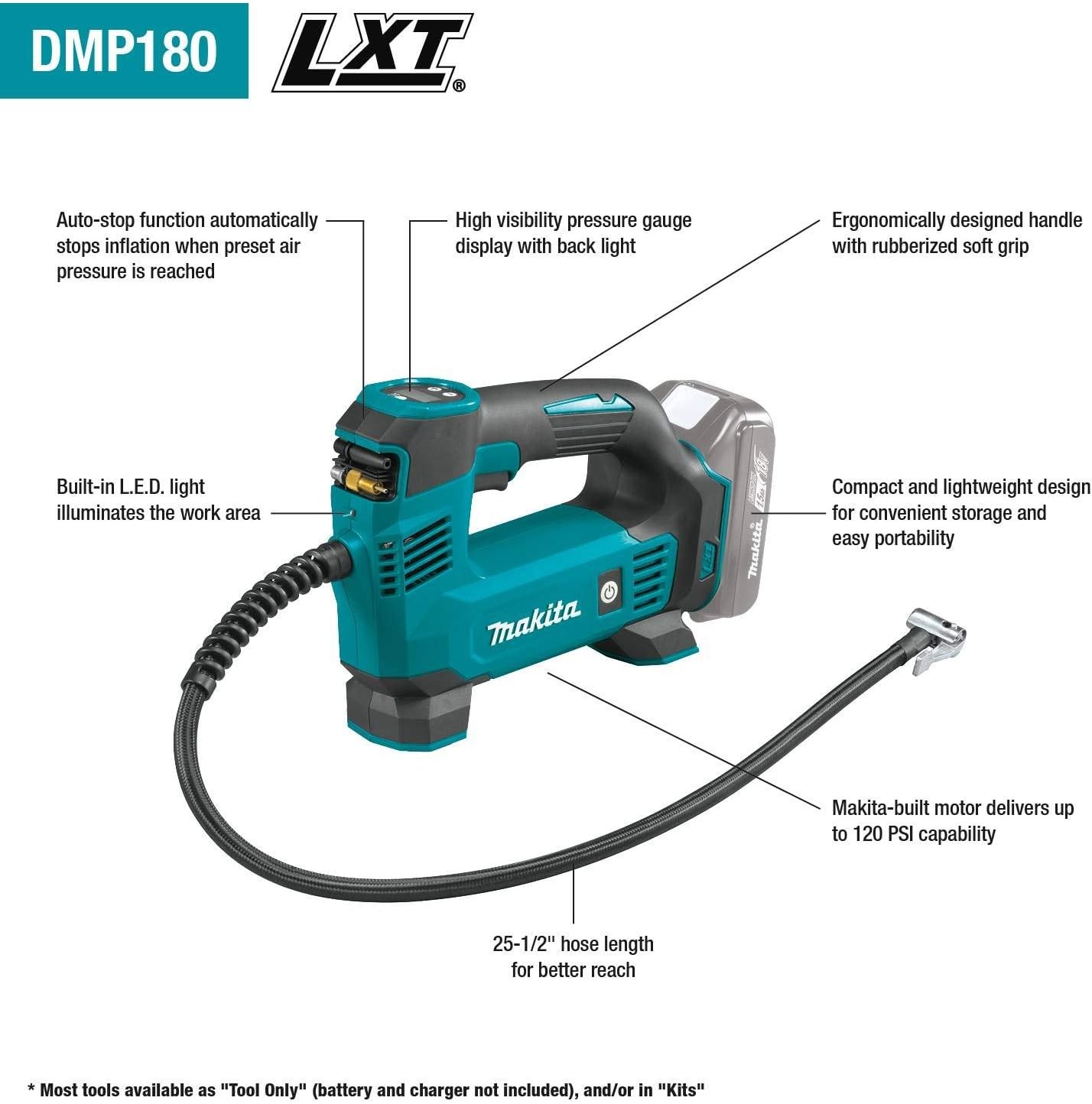 Makita DMP180Z 18V Li-ion LXT Inflator, Batteries and Charger Not Included