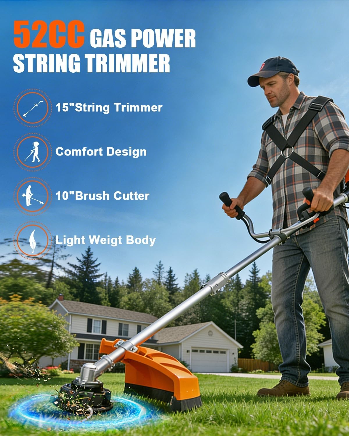 52cc 2-Cycle Gas Grass String Trimmer Gas Weed Eater Lawn Mower Orange Upgraded