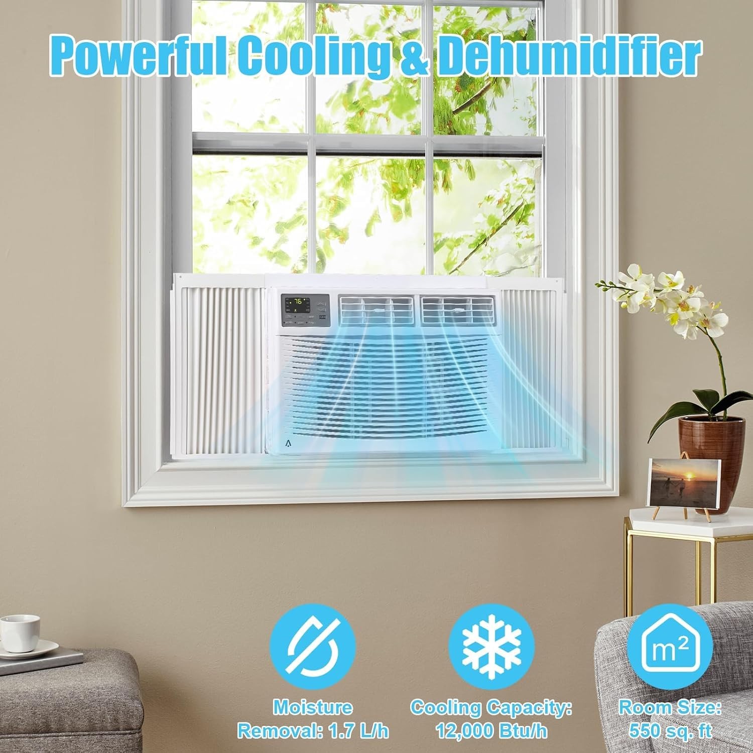 🔉🔵12000 BTU Window Air Conditioner 3-in-1 Cooling Fan & Dehumidifier WiFi & Re