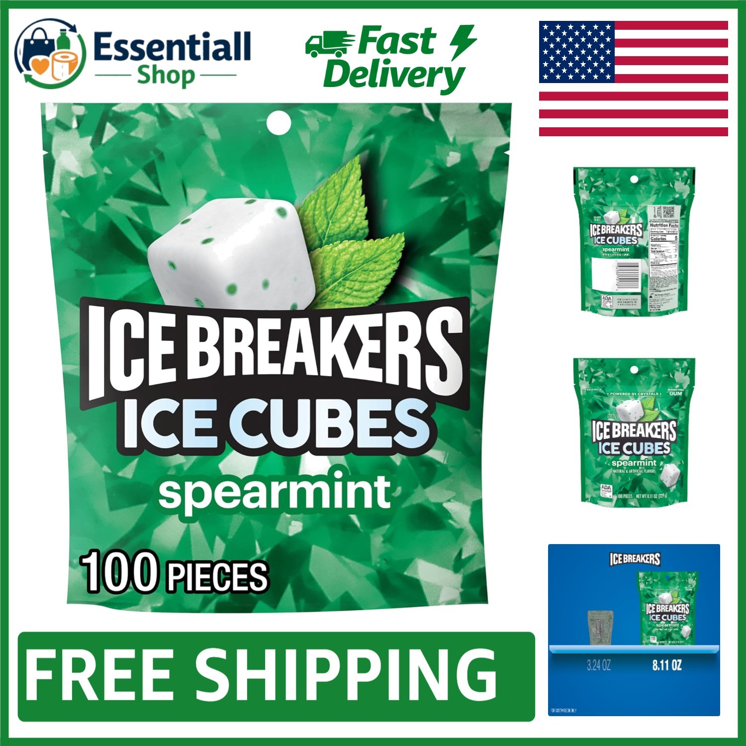 8.11 oz ICE CUBES Spearmint Sugar Free Gum Pouch – 100 Pieces for Fresh Breath