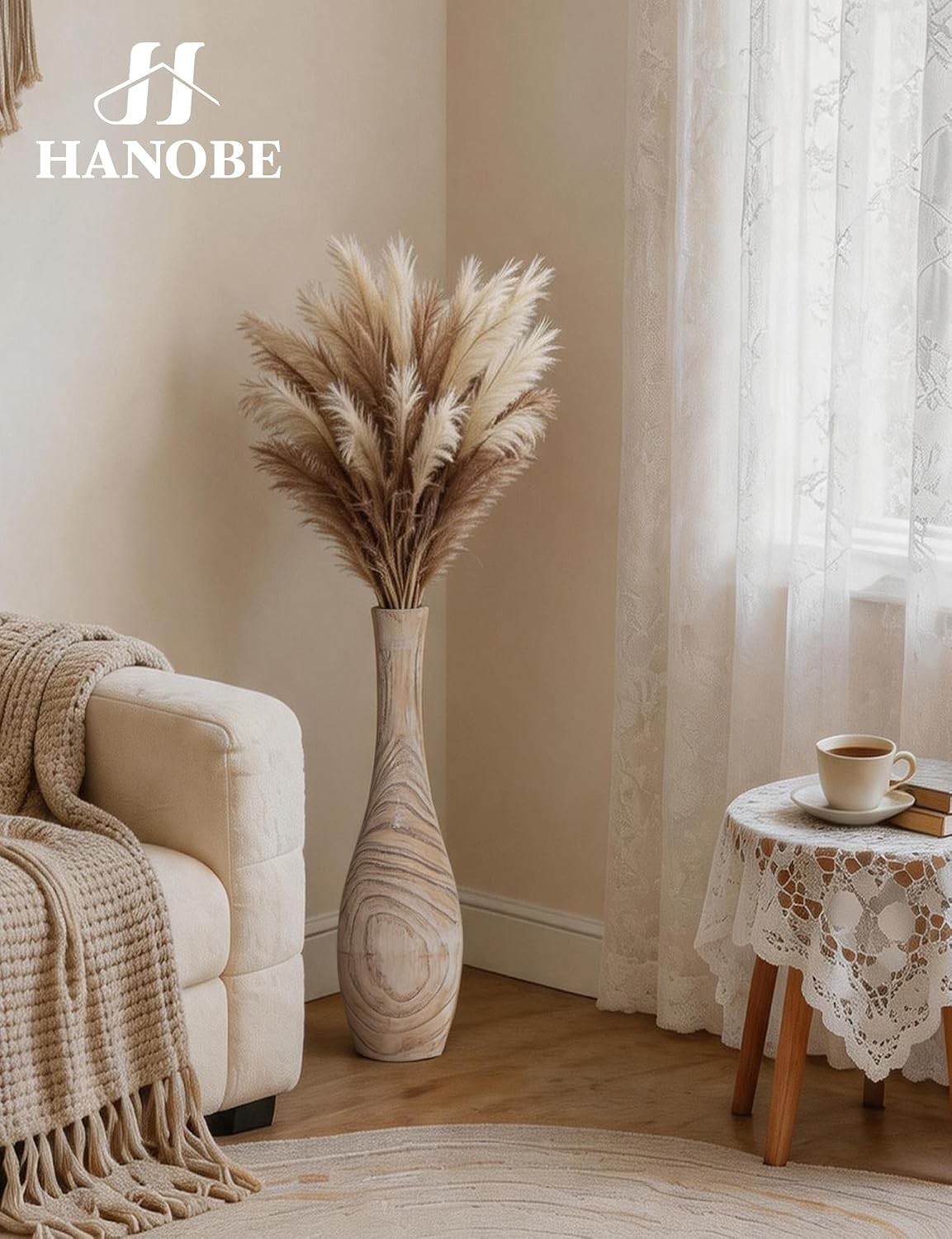 Hanobe Tall Floor Vase 22″-Slender Beige Boho Vase for Pampas Grass-Decor