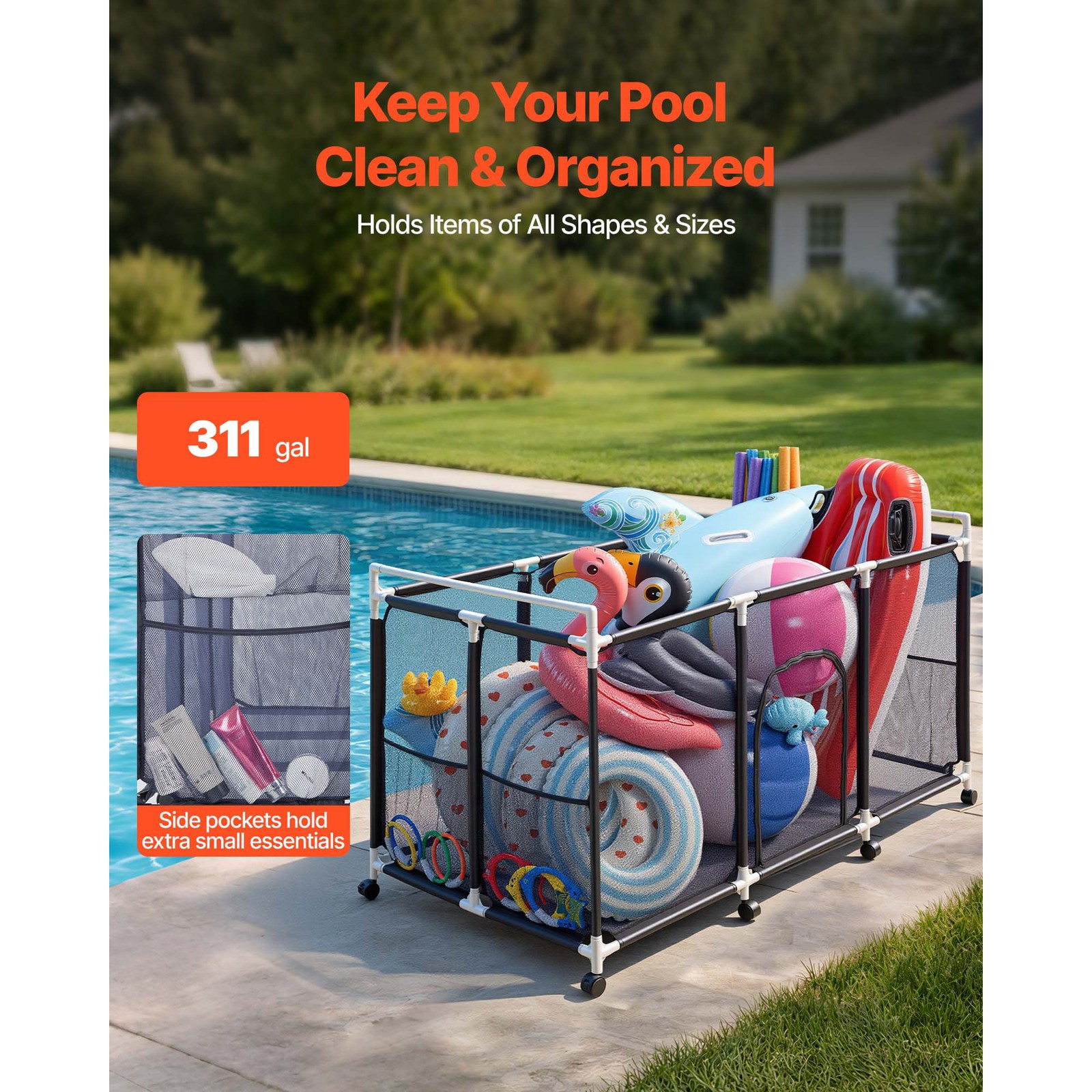 Rolling Pool Toy Storage Bin Organizer w/ Plastic / Metal Frame 8 Optional Size