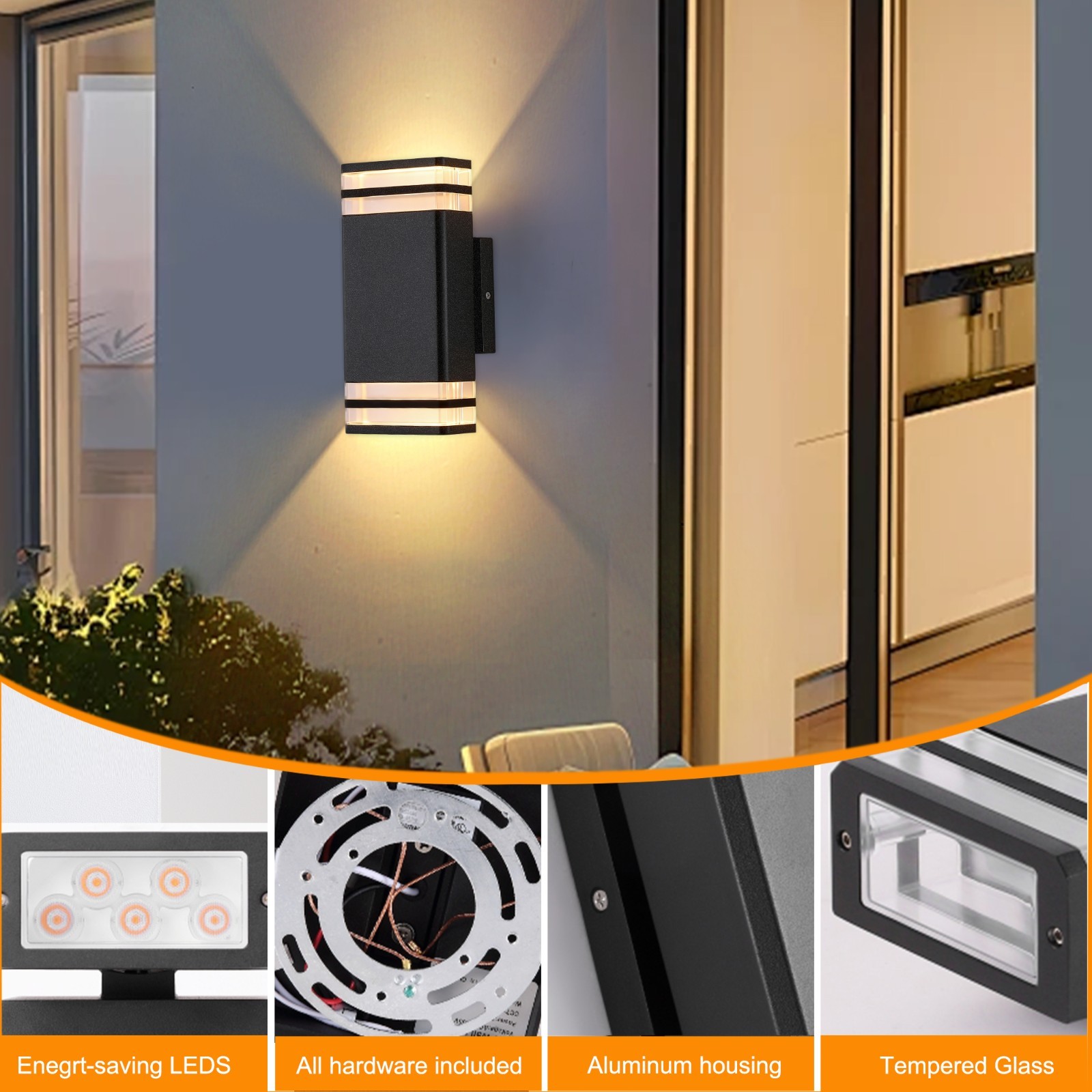 LETRY 9.8in LED Rectangle Outdoor Wall Sconce Up&Down Lighting Waterproof 2 Pack