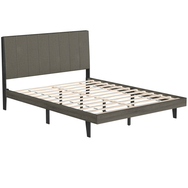 Queen Size Bed Frame Tufted Upholstered Headboard Bedroom W/ Solid Wooden Slat