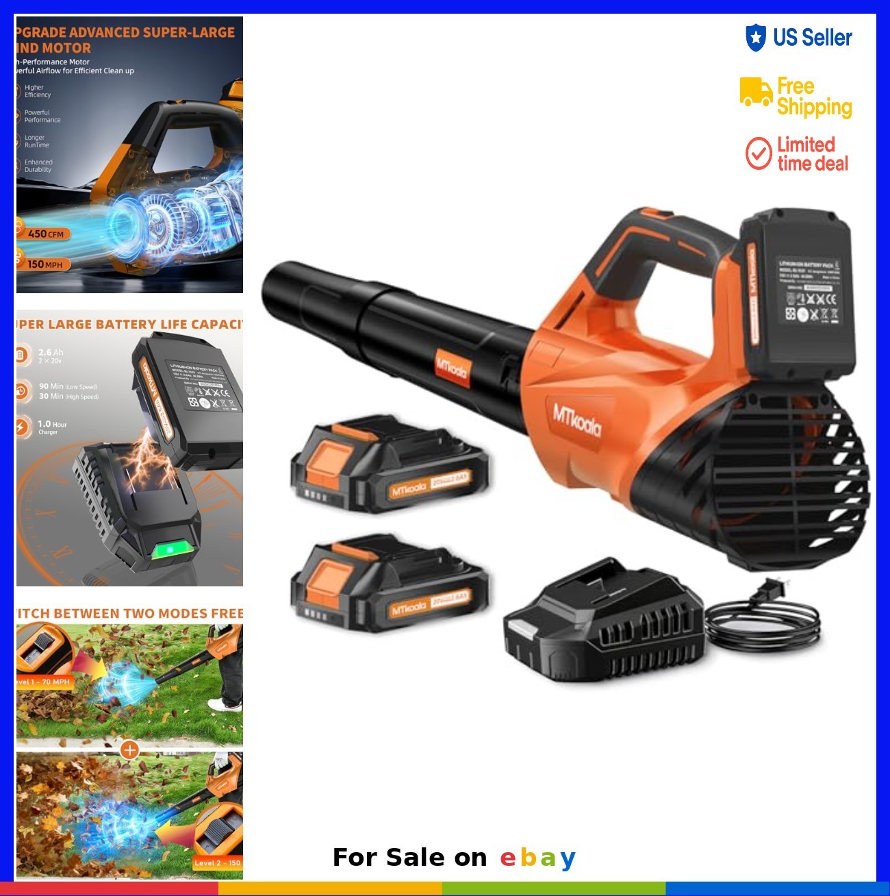 Cordless Leaf Blower 20V 2.6Ah 2 Batteries Fast Charger 450CFM 150MPH Dual