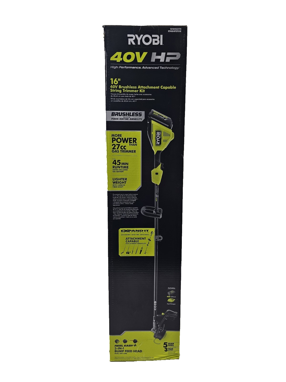 RYOBI 40V Brushless 16″ Carbon Fiber Shaft String Trimmer + 4Ah Battery +Charger