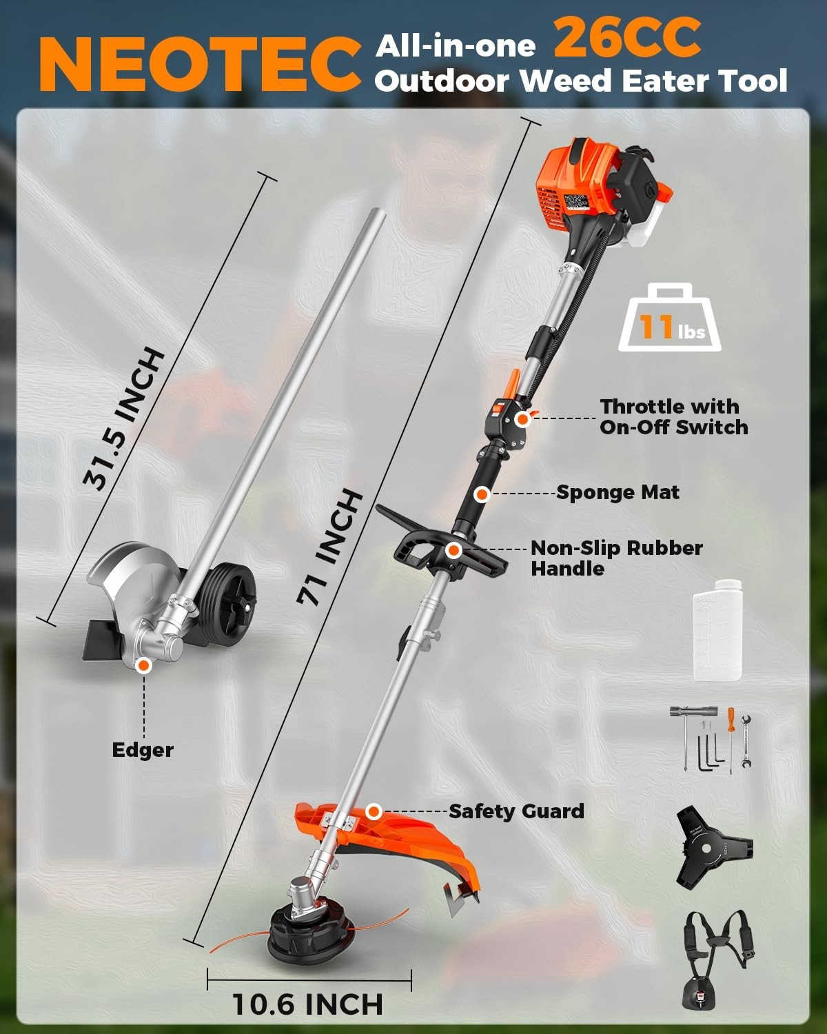 NEOTEC 3-in-1 Multi-Functional Trimming Tools Gas Hedge Trimmer 26CC Weed Eater