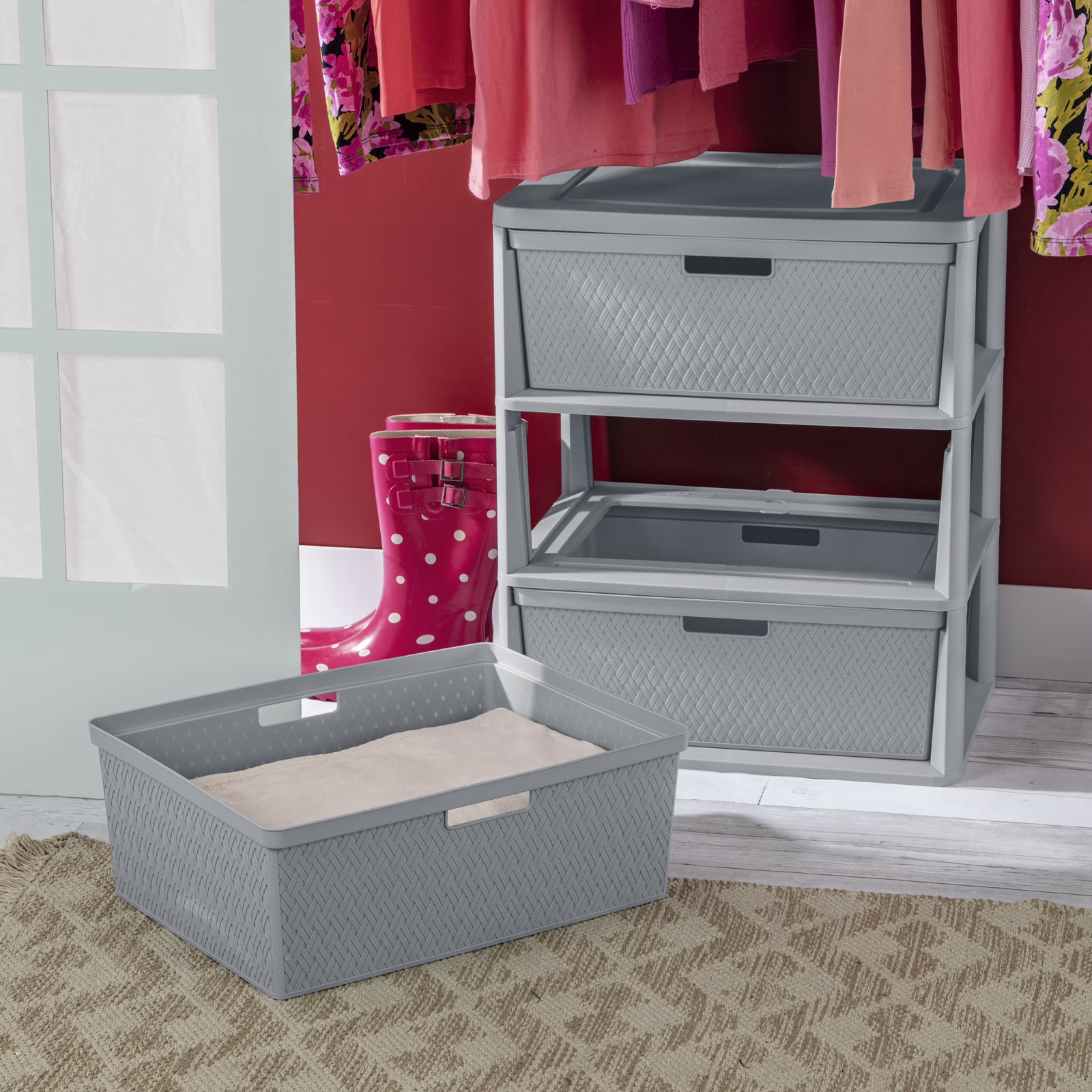 Wide 3 Drawer Tower, Plastic Storage Organizer with Removable Decorative Bins, E