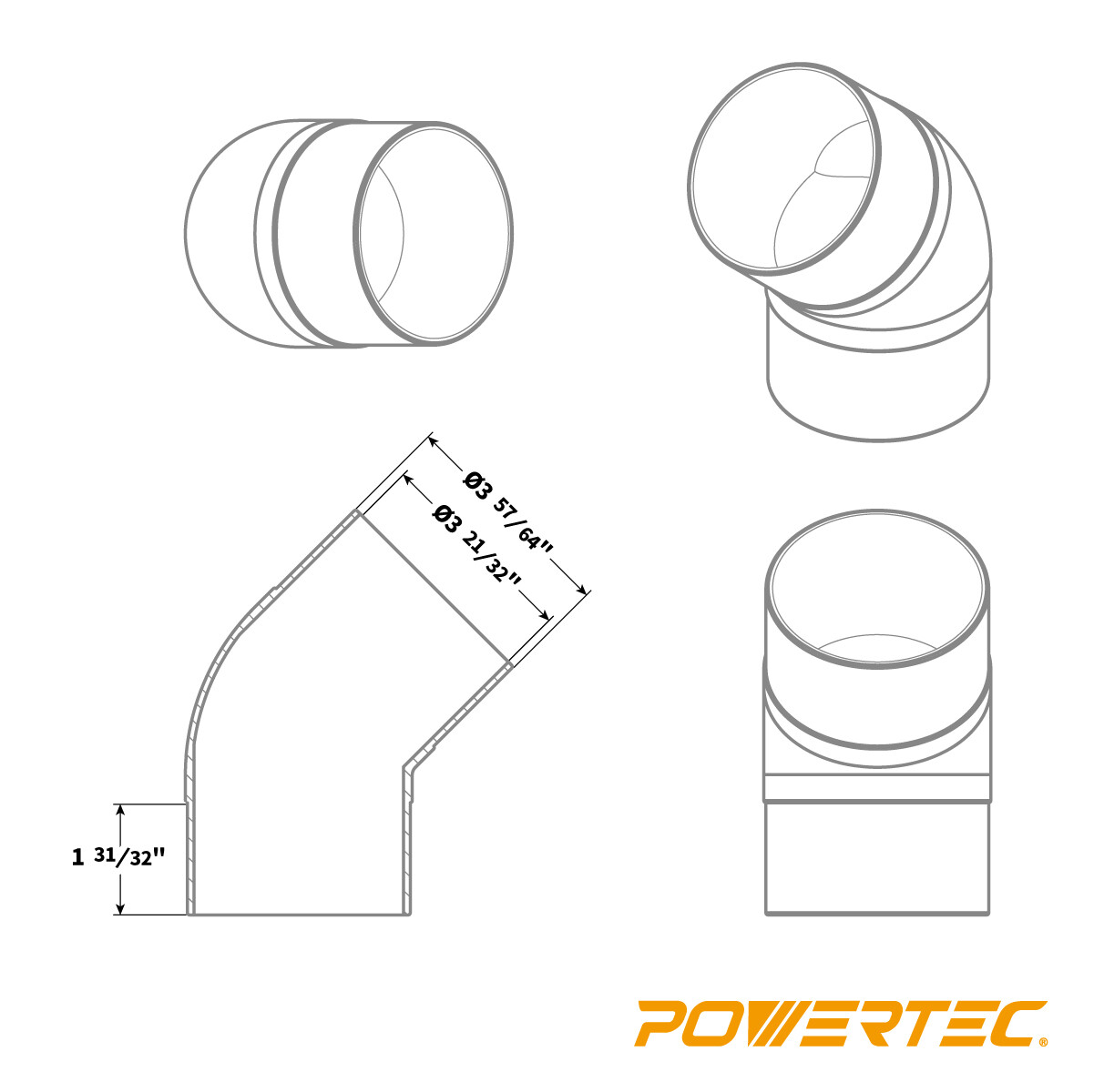 POWERTEC 70183 4?? 45 Degree Elbow – ABS Plastic Dust Collector Connector