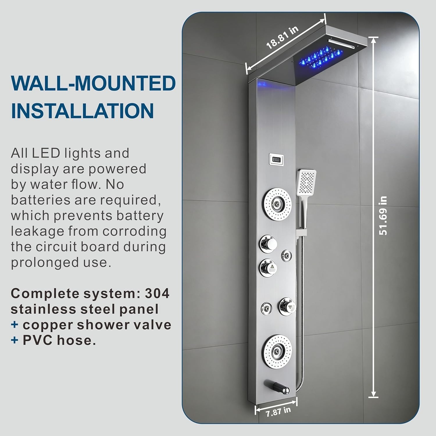 Luxury Stainless Steel Shower Panel with LED Rainfall & 6 Functions – Brushed…