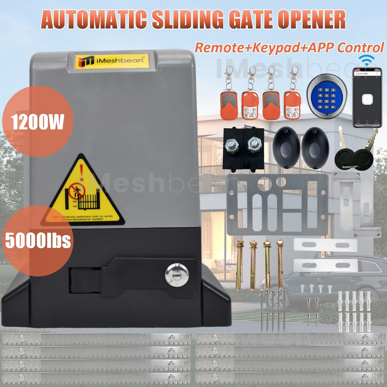 1200W 1.6HP 4000LBS Sliding Gate Opener Rack Driven APP & Keypad & 4 Remote