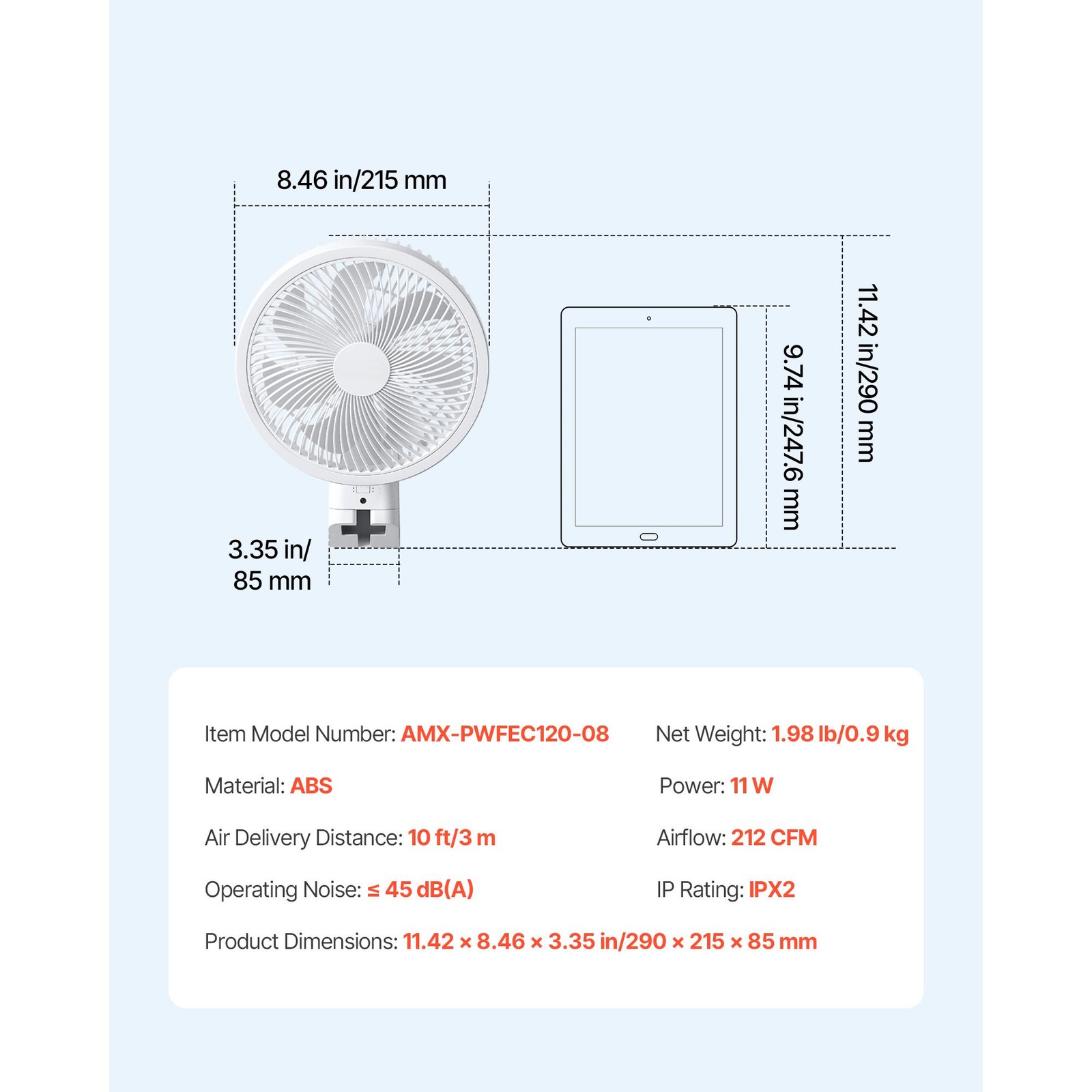 8.5 in Wall Mount Fan, Oscillating Hanging Fan with Remote Control