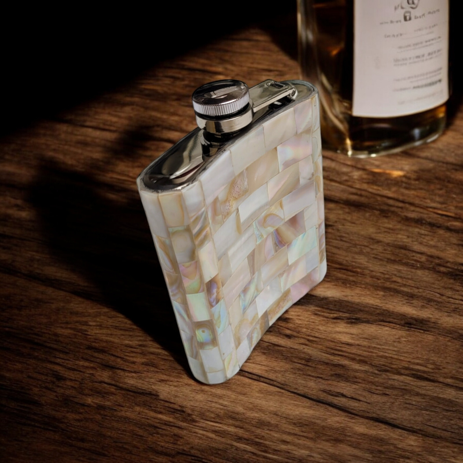 Handcrafted Mother of Pearl Pocket Wine Whisky Flask 7 Oz Stainless Steel 5”