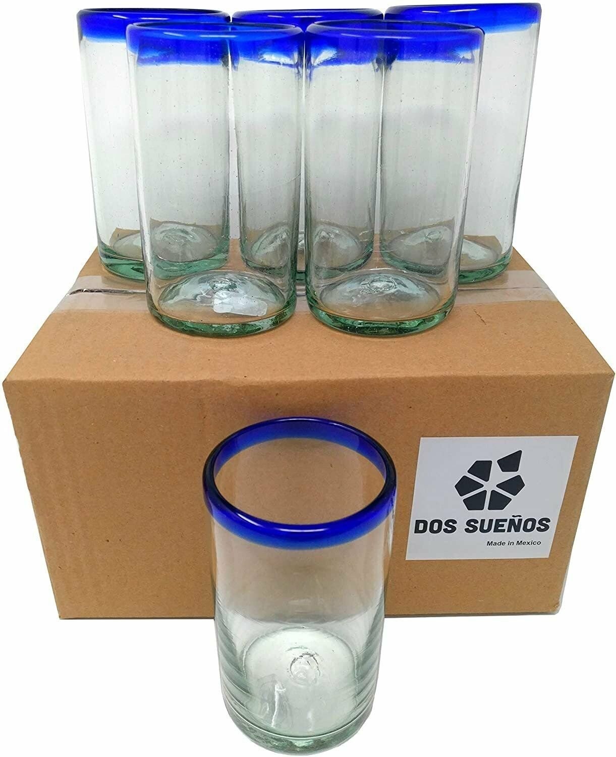 Hand Blown Mexican Drinking Glasses – Set of 6 Glasses with Cobalt Blue Rims…
