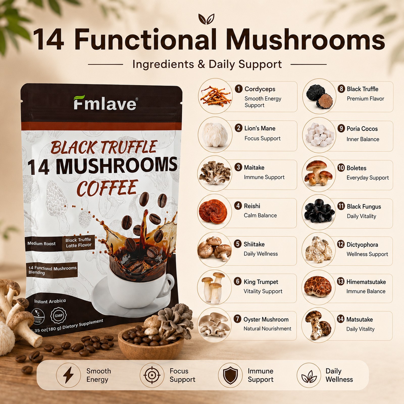 14 in 1 Organic Mushroom Coffee, 15 Servings, Energy & Brain Boost Free Shipping