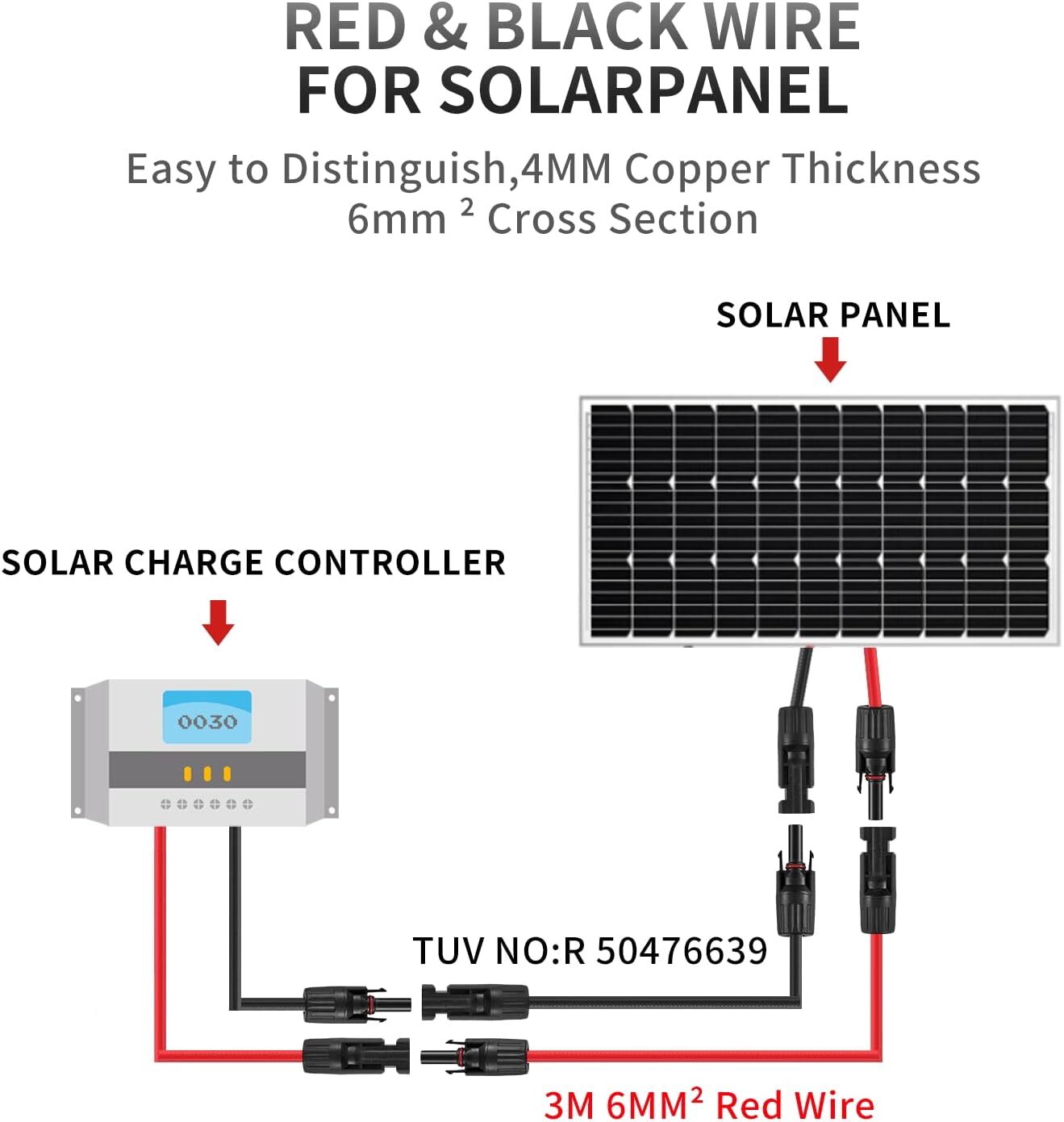 Black+Red 10 AWG Solar Panel Extension Cable Silicone Flexible Wire Connectors