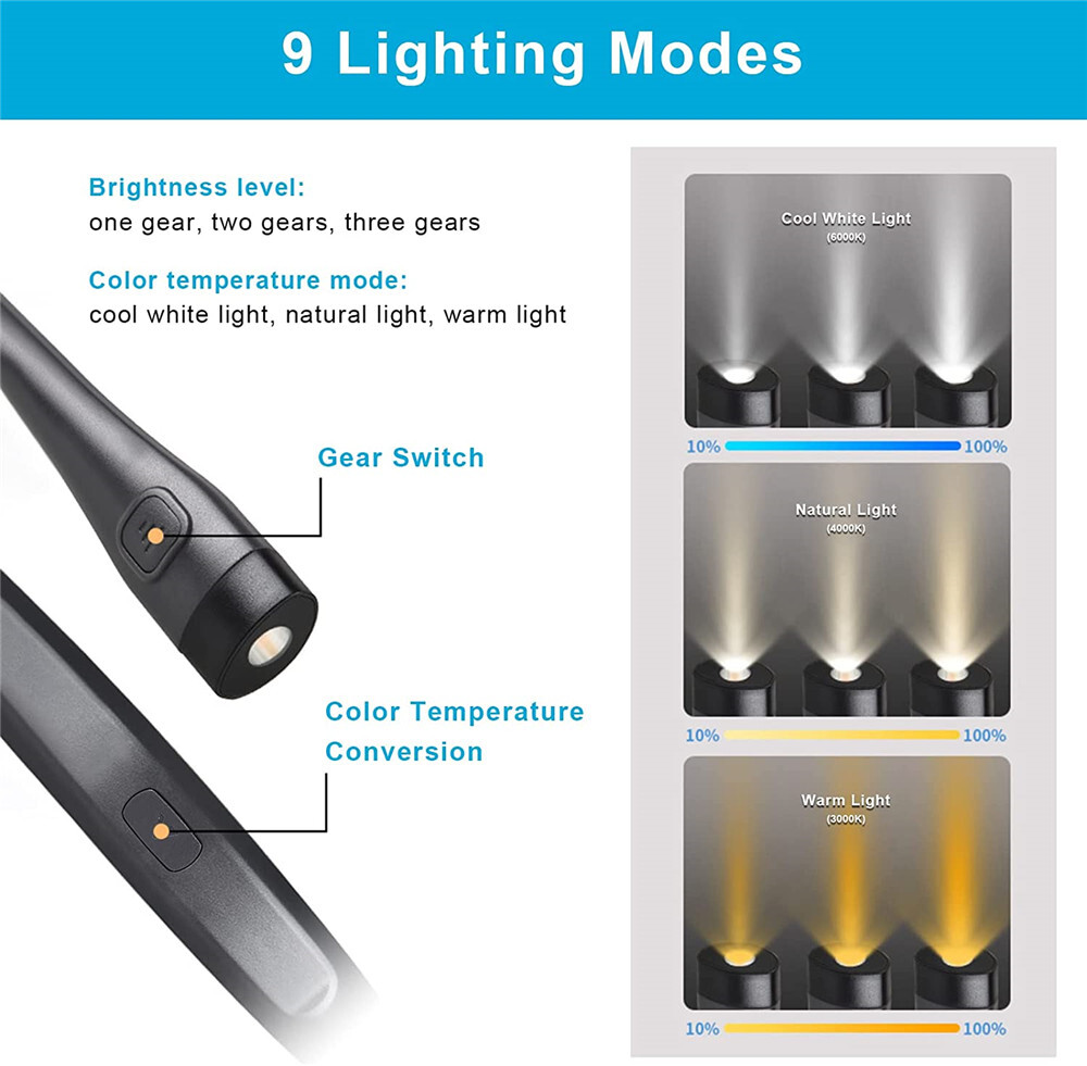 Black NEW Rechargeable LED Neck Light Book Light Reading in Bed Crafting Camping
