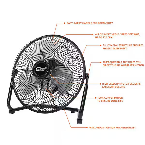 9 in. 3-Speed High Velocity Floor Fan in Black With Wall Mount Bracket