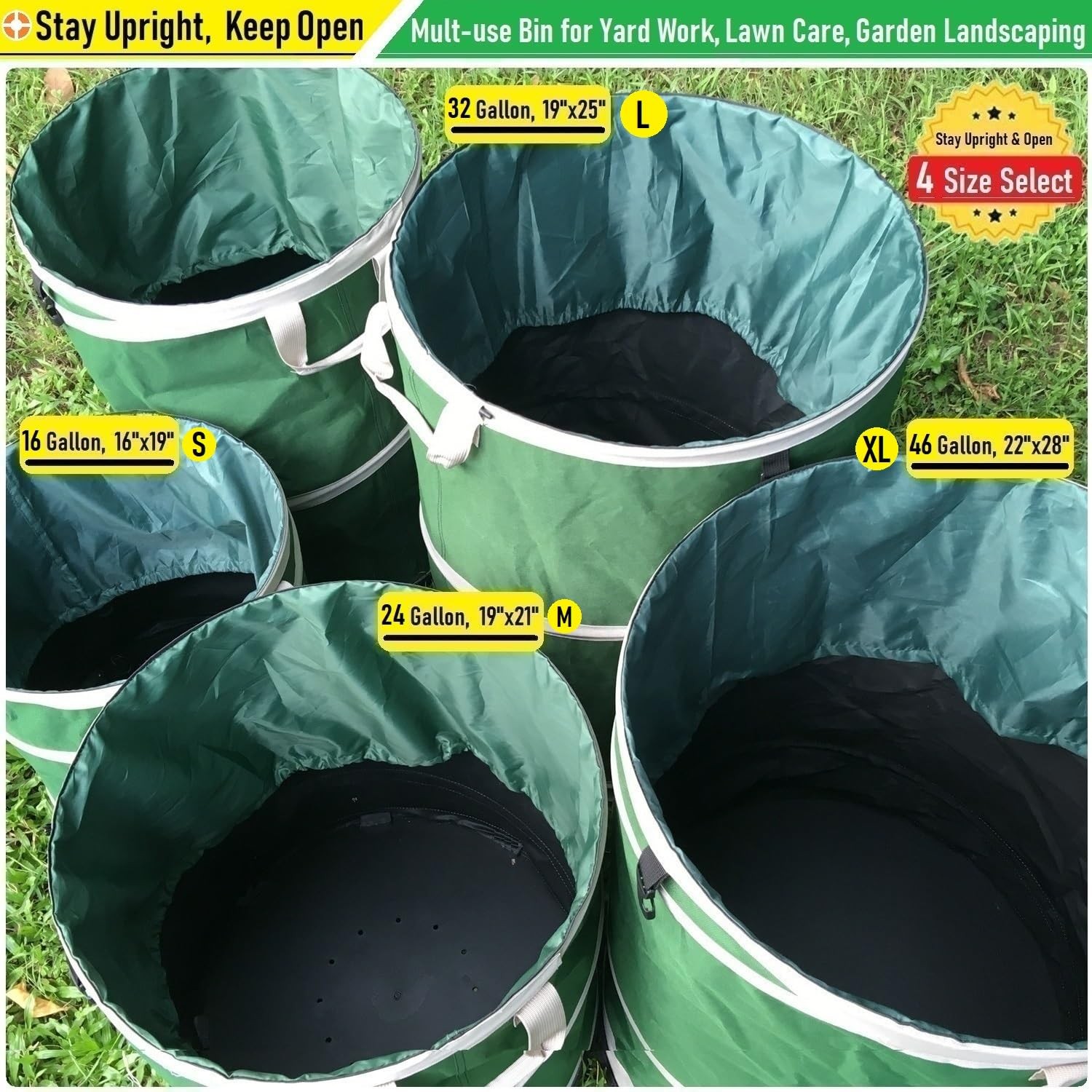 46-Gallon Collapsible Trash Can (22×28 in) Hard-Shell Bottom Yard Garden Bag,…