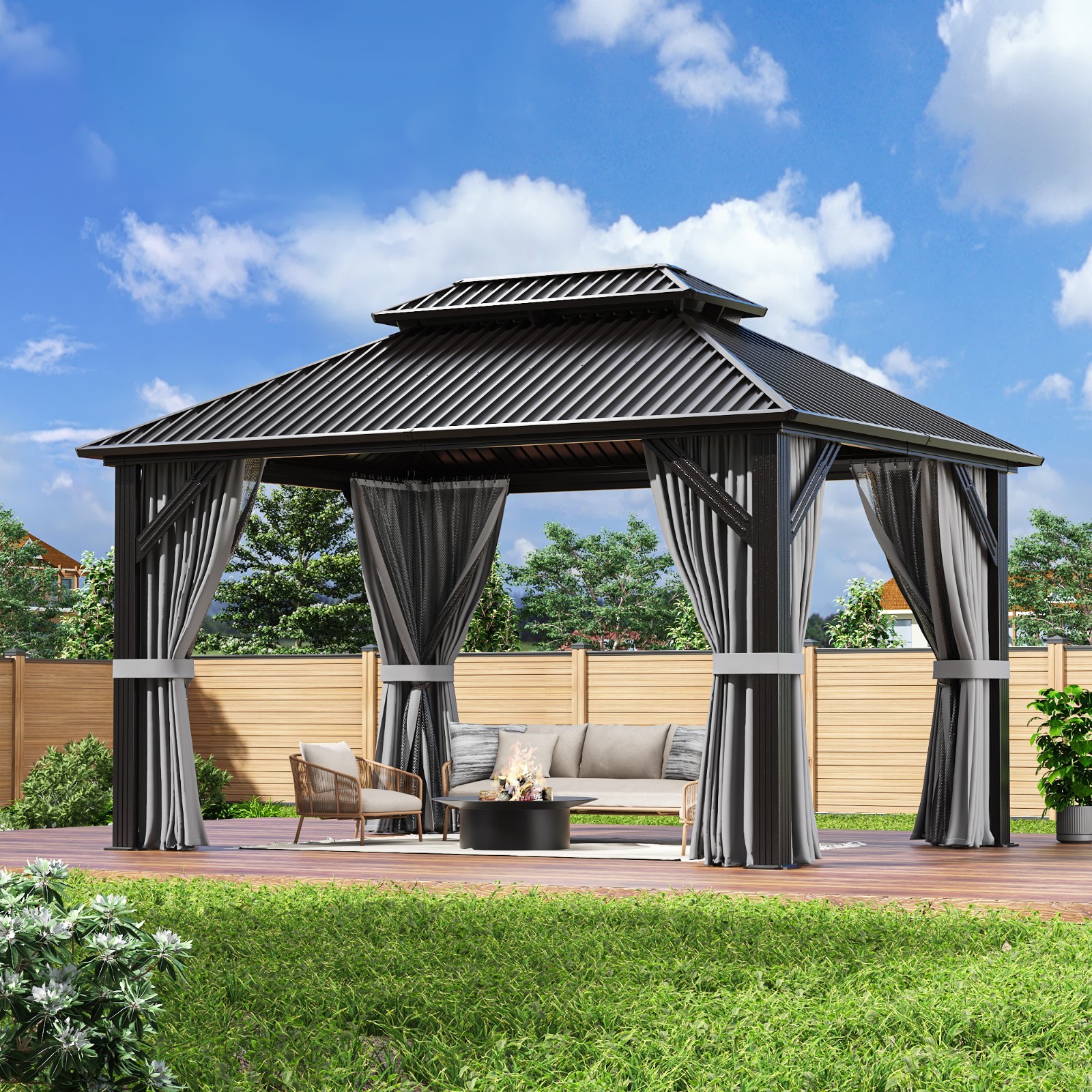 10 x 12 ft Hardtop Gazebo with Nettings and Curtains, Steel Double Roof Gazebo