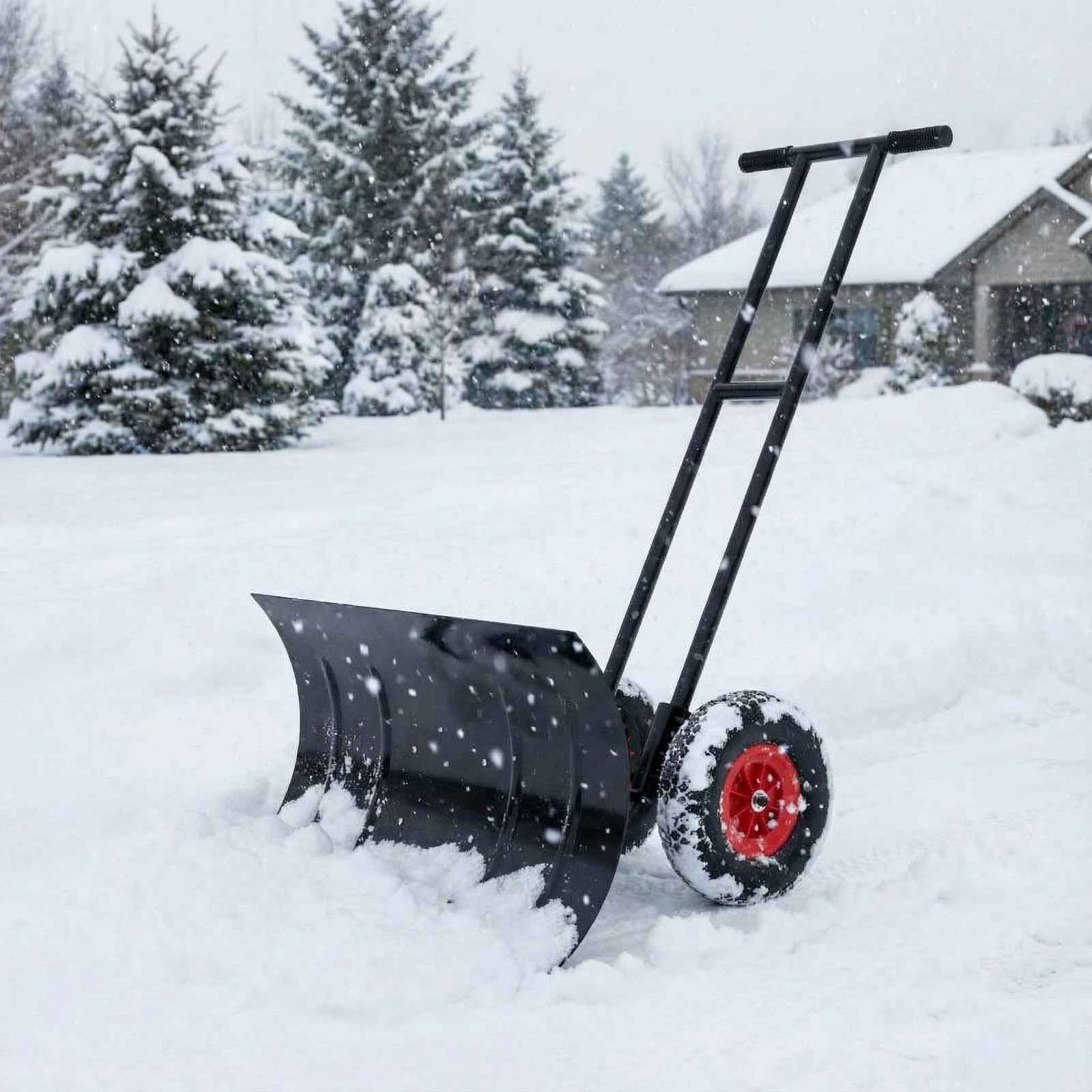 40″ Heavy-Duty Wheeled Snow Shovel with Handle & Blade – Angled Snow Pusher