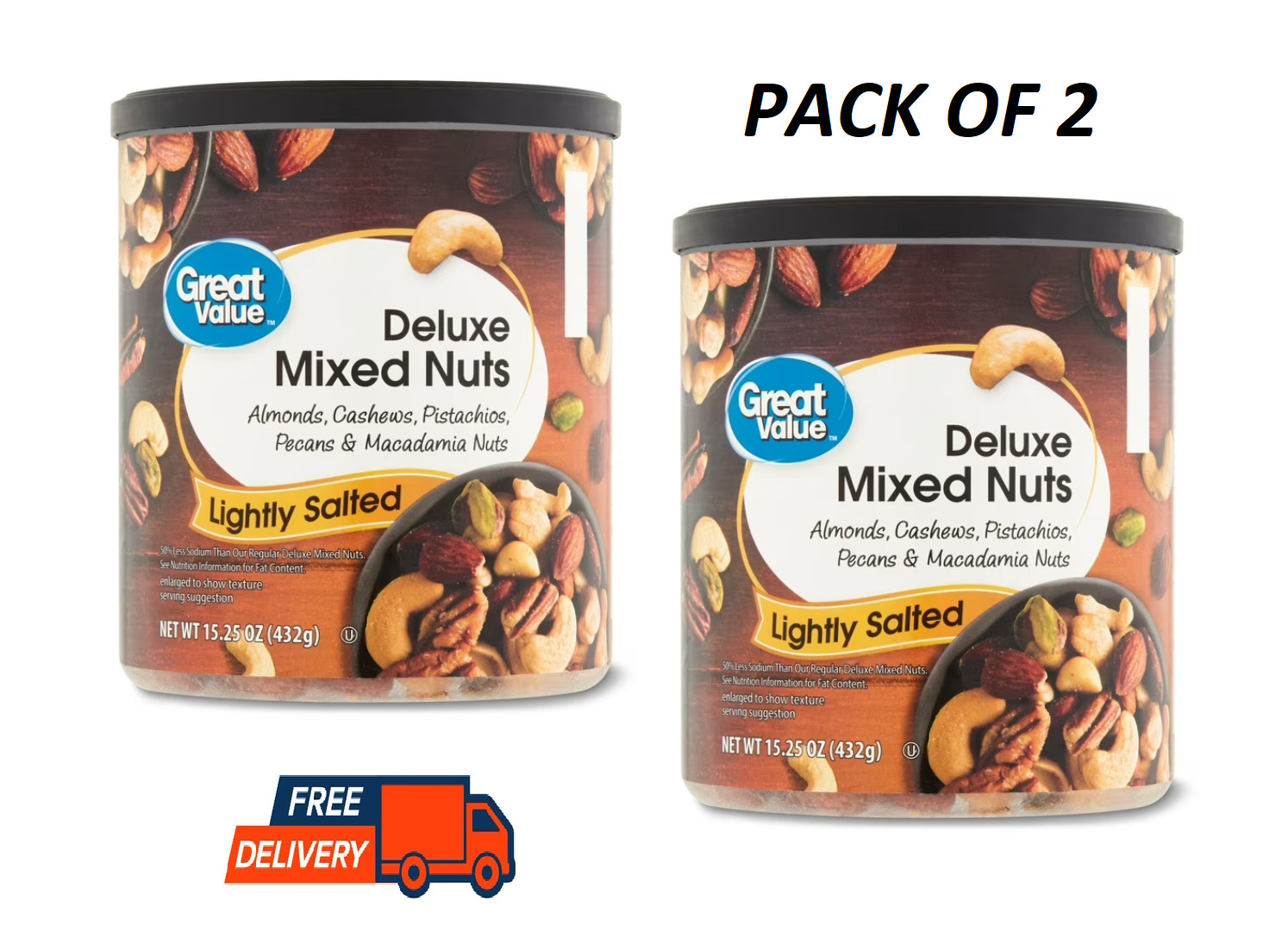 Great Value Lightly Salted, Deluxe Mixed Nuts, 15.25 oz 2 PACK
