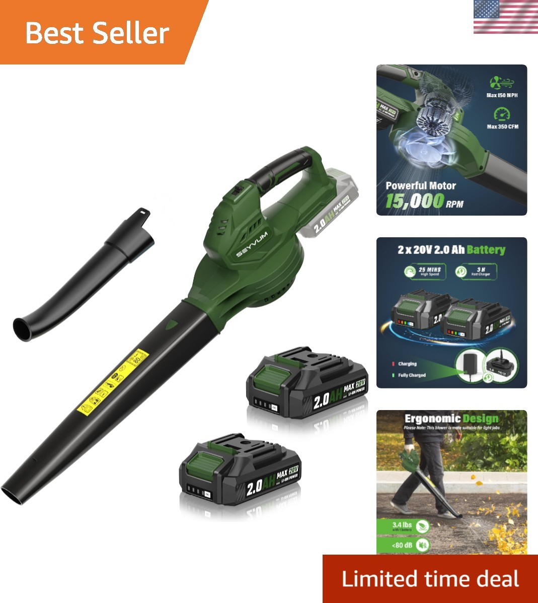 Leaf Blower 20V Cordless, with 2 x 2.0Ah Battery, 350 CFM 150 MPH | 15000 RPM…
