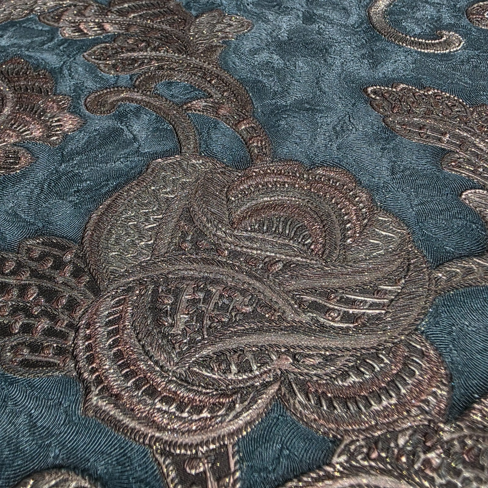 Dark Teal green blue bronze metallic plaster textured floral damask Wallpaper 3D