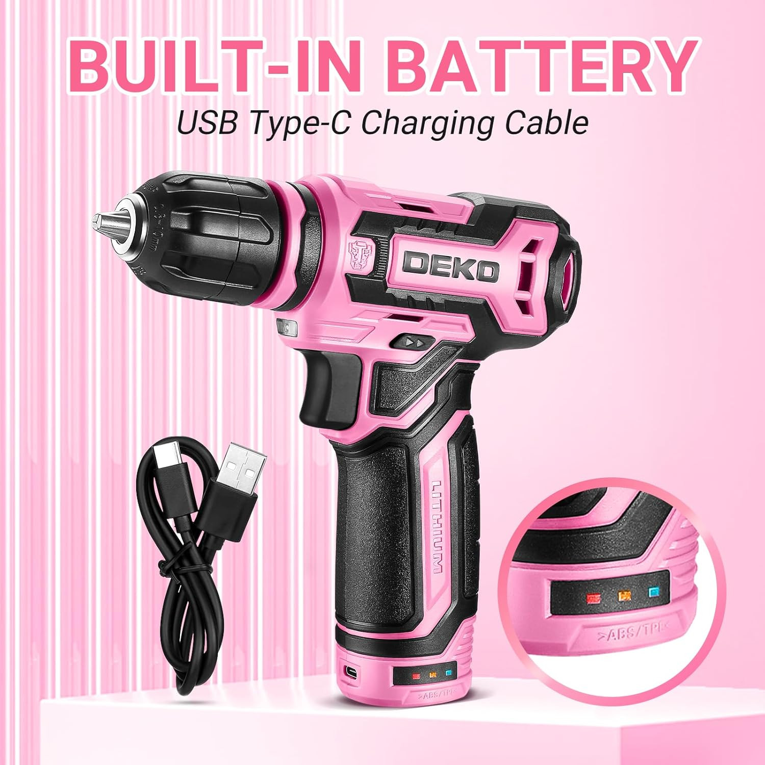 DEKOPRO 12V Cordless Power Drill Set, Pink, 800RPM Electric Drill with Tool Kit