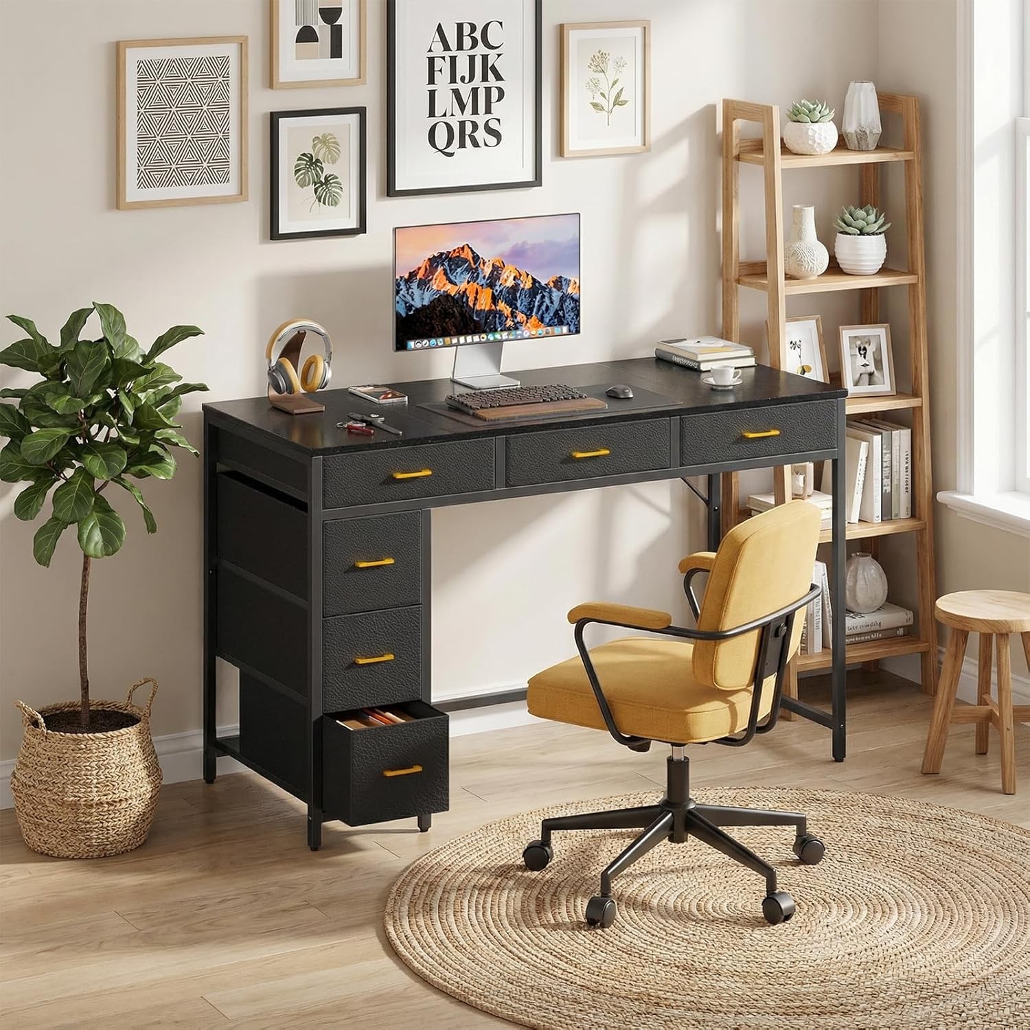 47″ Computer Desk with 6 Fabric Drawers for Bedroom, Home Office Study Desk