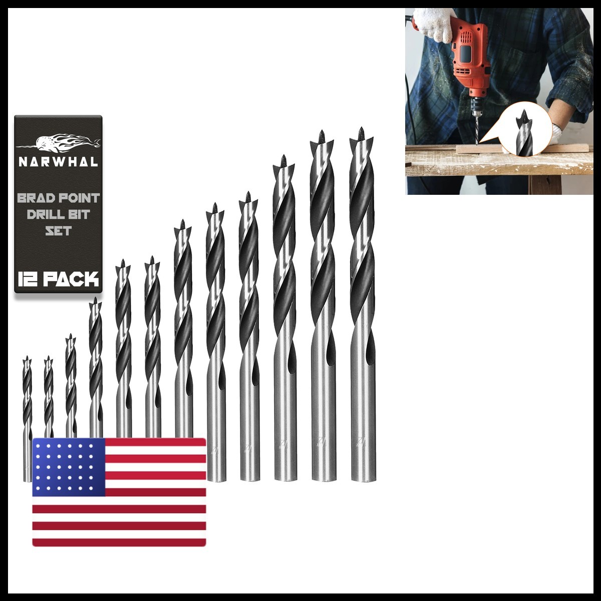 Narwhal Brad Point Wood Drill Bit Set 12 Pack 1/8″ to 1/2″ Storage Case