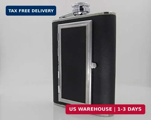 6oz/180ml Black Leather Wrapped Hip Flask with Built-in Cigarette Case & Funnel