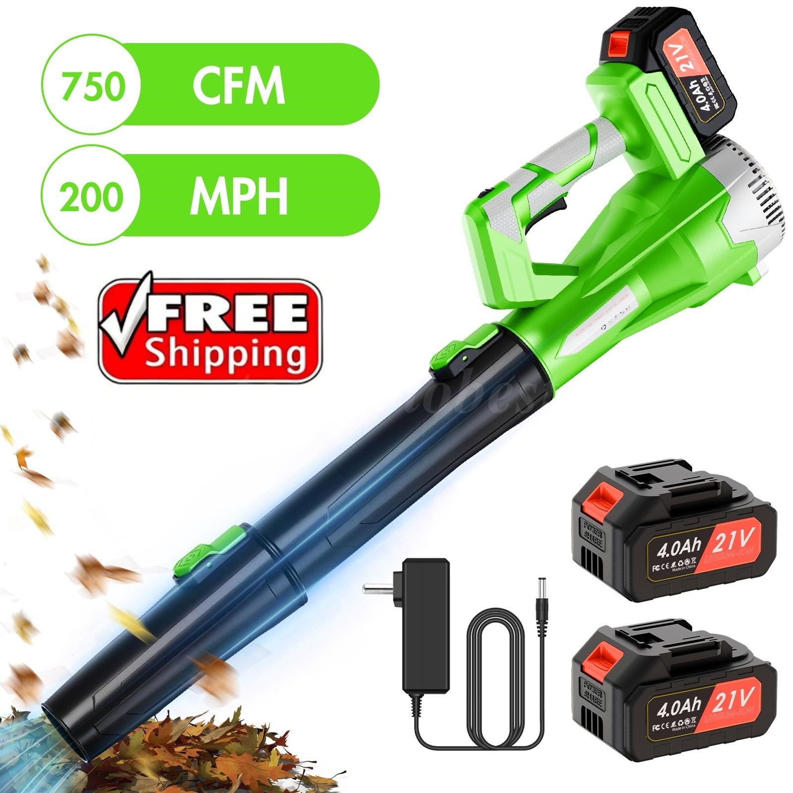 21V 650CFM Leaf Blower 650W 6-Speed Two 4Ah Batteries Garage Yard Snow Clearing