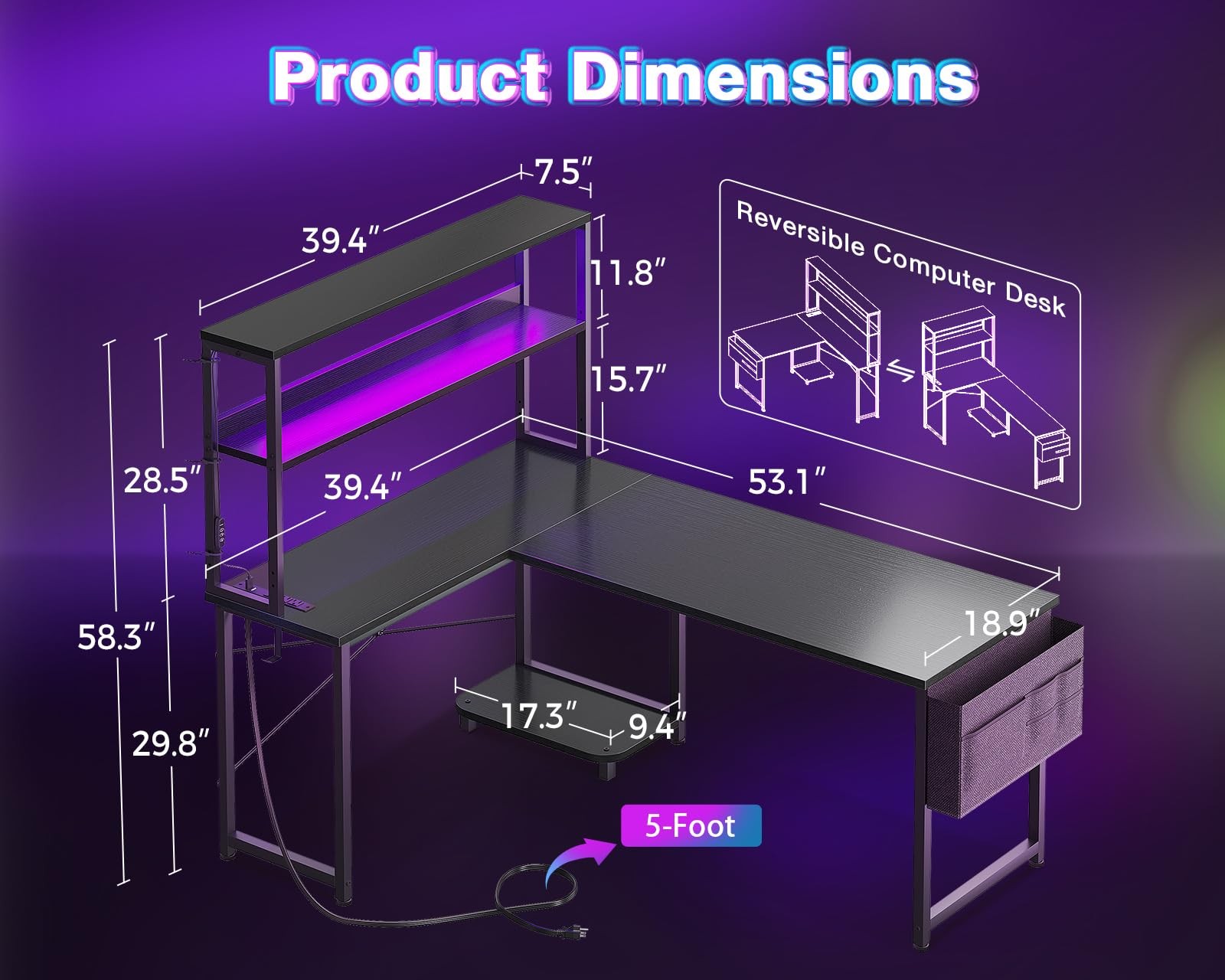 AODK L Shaped Desk Gaming with LED Light & Power Outlet, 53 inch, Black