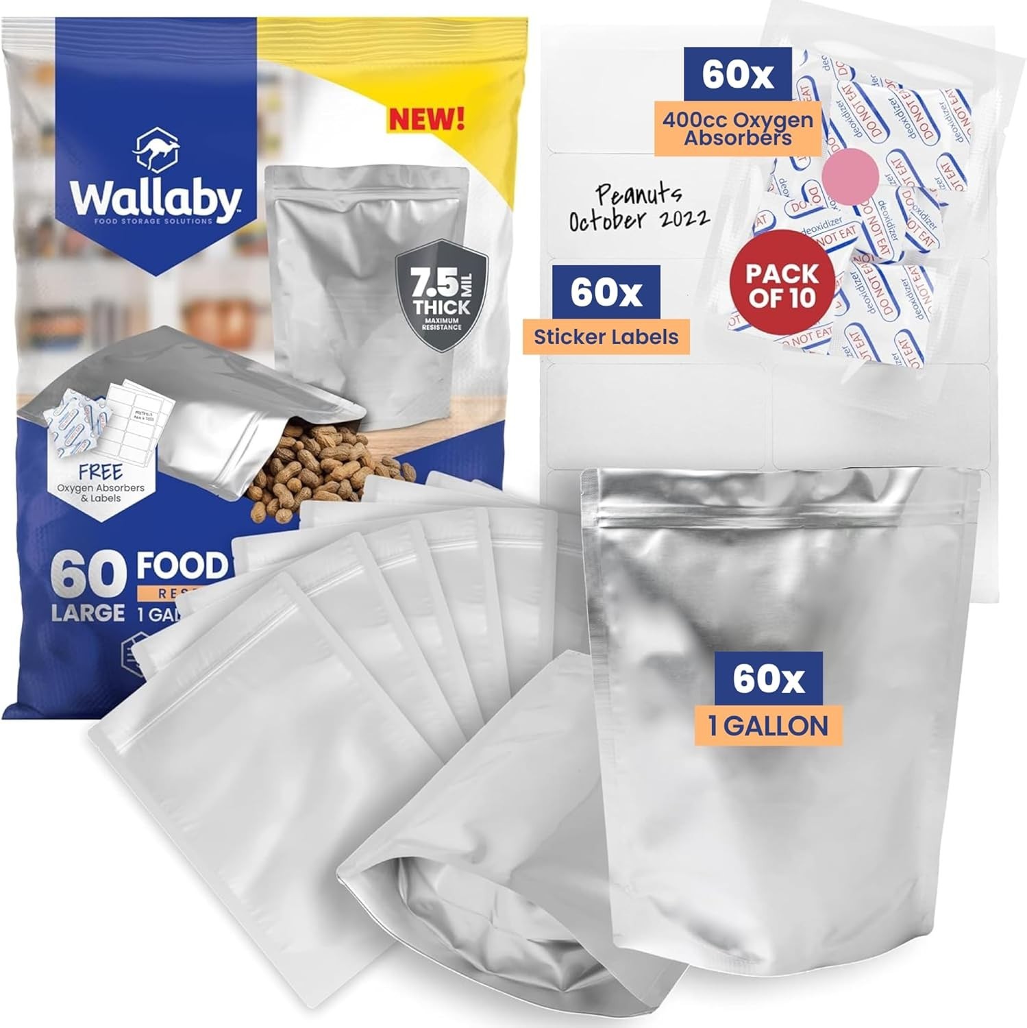 60ct 1-Gallon Mylar Bags 400cc Oxygen Absorbers 15Mil Thick Resealable | Silver