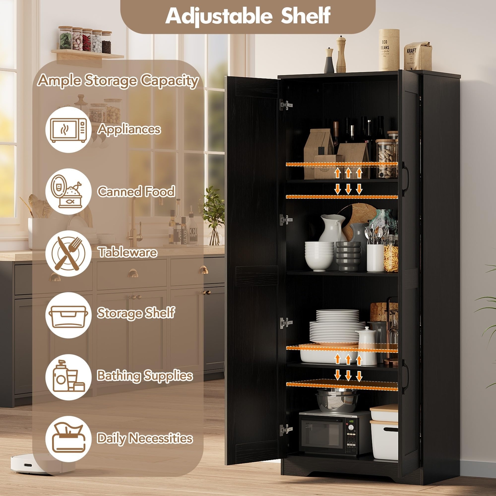 Tall Kitchen Pantry Cabinet, 60” Storage Cabinet w/2 Doors & Adjustable Shelves
