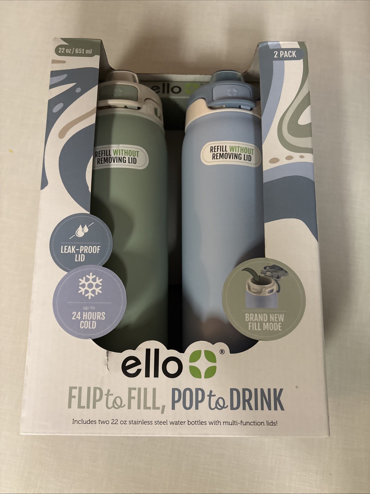 Ello Flip To Fill 22oz 2-Pack Stainless Steel Water Bottle Lock Lid 24hrs Cold