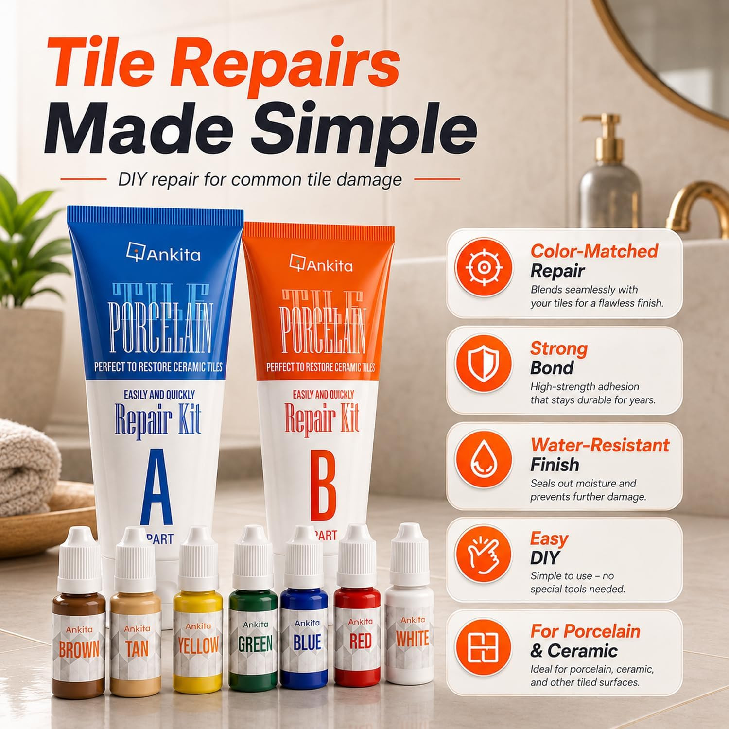 Tile Repair Kit, Ceramic Tile Repair Kit for Chips & Crack (Color Match), Porcel